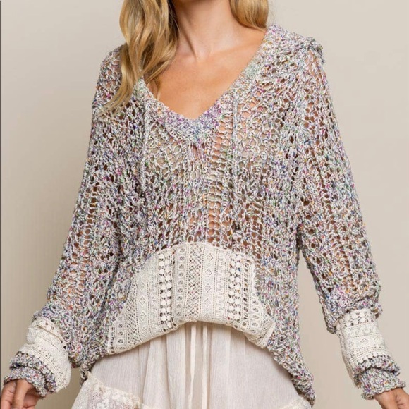 POL CLOTHING cover up hoodie thin sweater rainbow grey crochet pocket rainbow - Picture 2 of 9